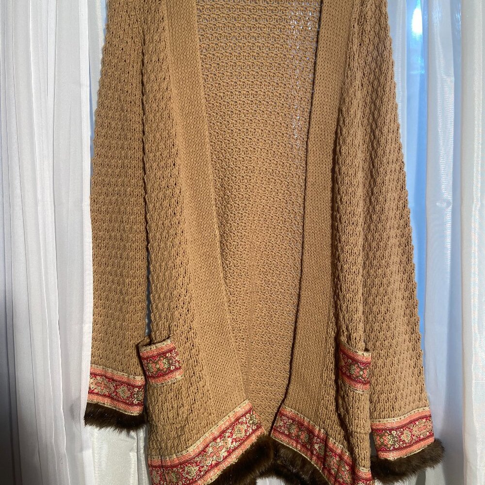 Gorgeous Bohemian Y2K KnitteFaux Fur and Embroidered Cuffed and Hemmed Cardigan